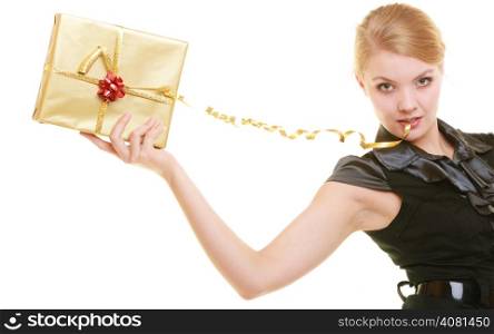 Holidays love and happiness concept - beautiful blonde girl with golden gift box isolated
