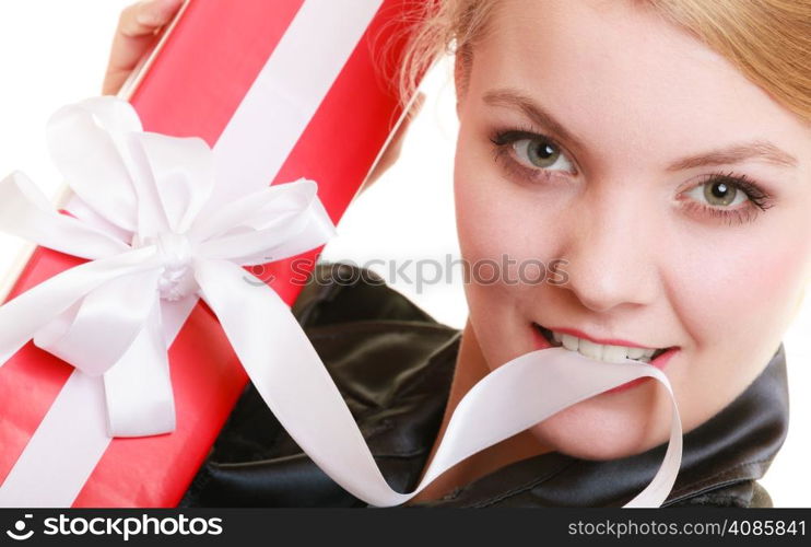 Holidays love and happiness concept - beautiful blonde girl with red gift box isolated