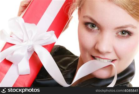 Holidays love and happiness concept - beautiful blonde girl with red gift box isolated