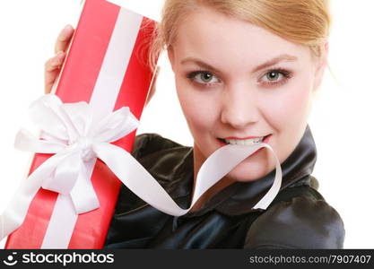 Holidays love and happiness concept - beautiful blonde girl with red gift box isolated