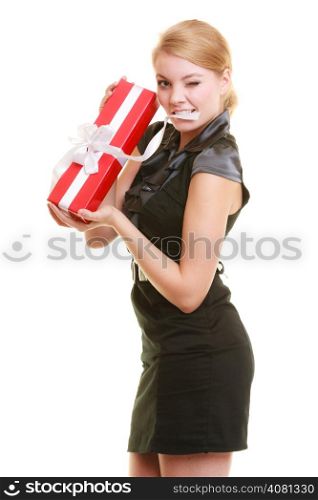 Holidays love and happiness concept - beautiful blonde girl with red gift box winking isolated