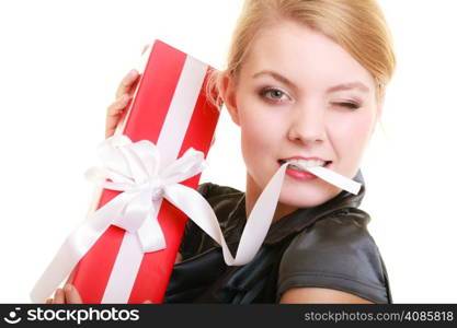 Holidays love and happiness concept - beautiful blonde girl with red gift box winking isolated