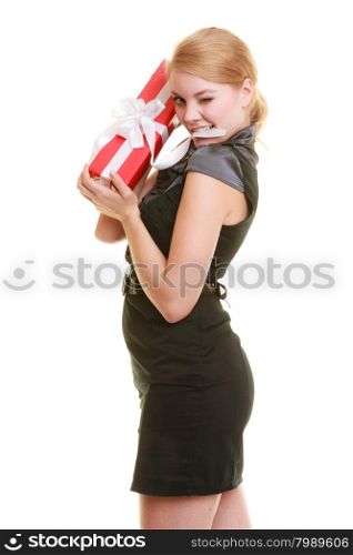 Holidays love and happiness concept - beautiful blonde girl with red gift box winking isolated