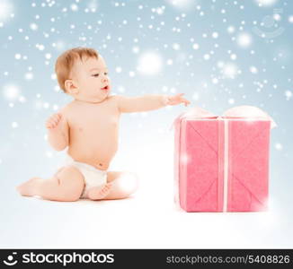 holidays, presents, christmas, x-mas, birthday concept - happy child with gift box