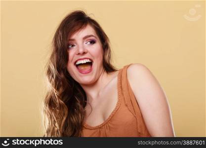 Holidays summer and happiness. Girl laughing. Portrait of charming long hair woman positive face expression