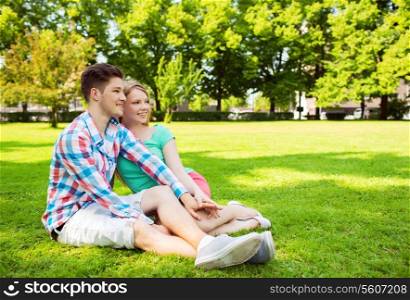 holidays, vacation, love and friendship concept - smiling couple in park