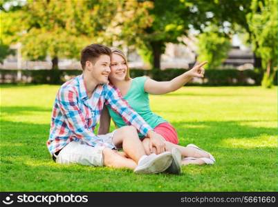 holidays, vacation, love and friendship concept - smiling couple sitting on grass and pointing finger in park