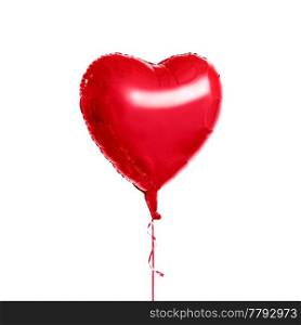 holidays, valentines day and party decoration concept - red helium inflated heart shaped balloon over white background. red heart shaped helium balloon