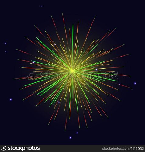 Holidays vector red golden green fireworks over night sky. 4th of July Independence Day, New Year greeting background.