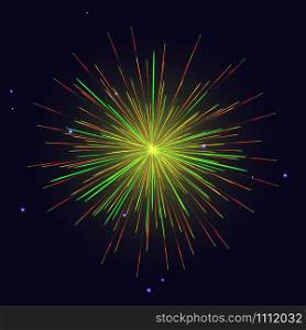 Holidays vector red golden green fireworks over night sky. 4th of July Independence Day, New Year greeting background.