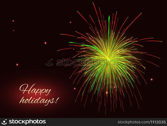 Holidays vibrant sparkling golden red yellow green fireworks vector background, copy space.