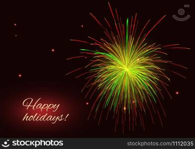 Holidays vibrant sparkling golden red yellow green fireworks vector background, copy space.