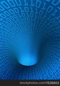 Hollow blue tunnel of binary code stream