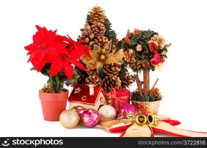 Holly berry flowers, Christmas tree and decoration isolated on white background.
