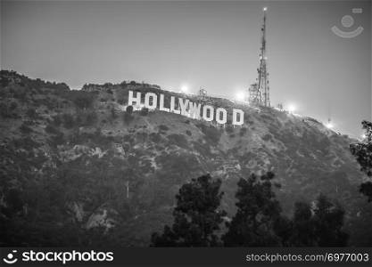hollywood sign lit at night
