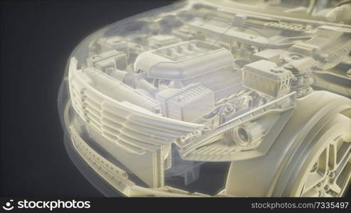 Holographic animation of 3D wireframe car model with engine and otter technical parts. Holographic animation of 3D wireframe car model with engine