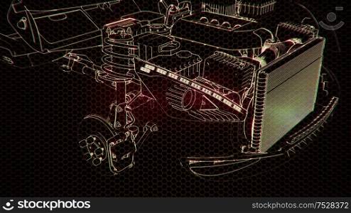 Holographic animation of 3D wireframe car model with engine and otter technical parts. Holographic animation of 3D wireframe car model with engine