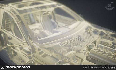 Holographic animation of 3D wireframe car model with engine and otter technical parts. Holographic animation of 3D wireframe car model with engine