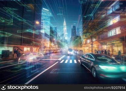 holographic background of busy city, with cars and people in motion, created with generative ai. holographic background of busy city, with cars and people in motion