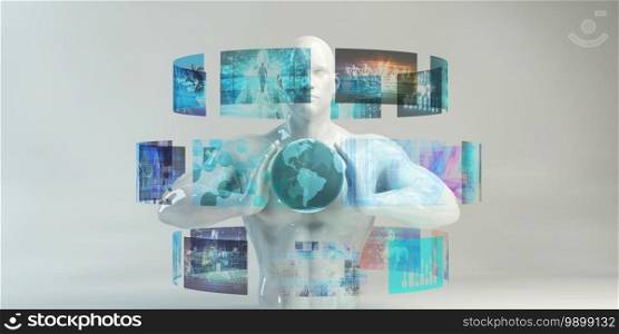 Holographic Display with Man Using Interactive Technology. Holographic Display