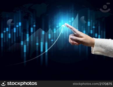 holographic graph with growing indicators and a woman&rsquo;s hand. Business growth concept, profitable startup, profitable business strategy