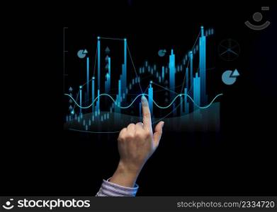 holographic graph with growing indicators and a woman&rsquo;s hand. Business growth concept, profitable startup, profitable business strategy, sales increase. High performance