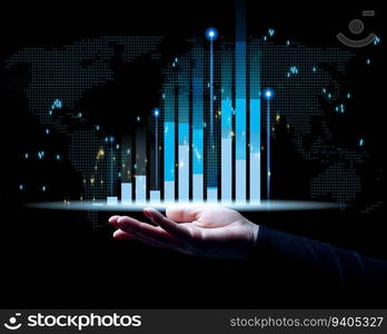 Holographic graph with growing indicators and a woman&rsquo;s hand. Business growth concept, profitable startup, profitable business strategy, sales increase. High performance