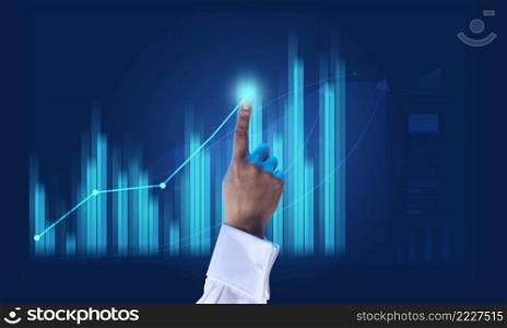 holographic graph with growing indicators and a woman’s hand. Business growth concept, profitable startup, profitable business strategy