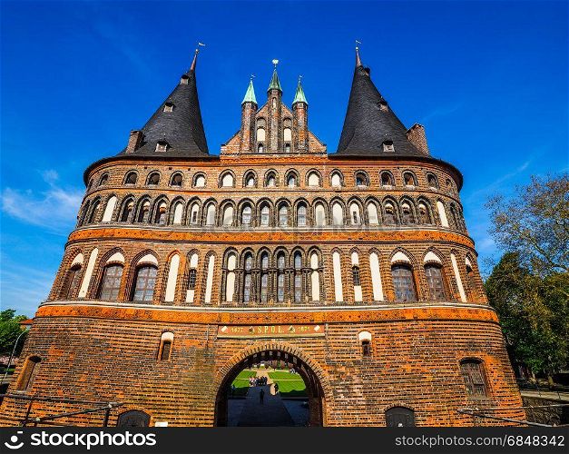Holstentor (Holsten Gate) in Luebeck hdr. Holstentor (previously Holstein Tor, meaning Holsten Gate) in Luebeck, Germany, hdr