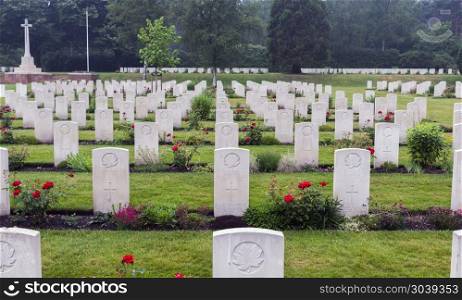 Holten,Netherlands - June 01, 2018: Well maintained graves of fallen canadian soldiers during WW2 on the canadian war cemetary in Holland . graves of fallen canadian soldiers. graves of fallen canadian soldiers