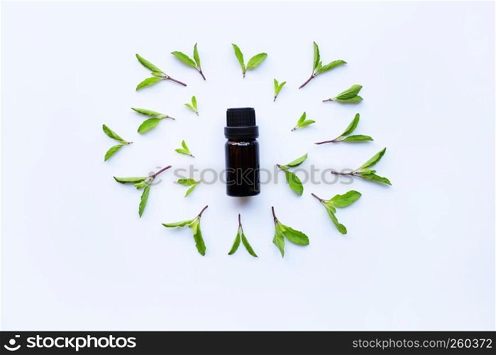 Holy basil essential oil in a glass bottle with fresh holy basil leaves
