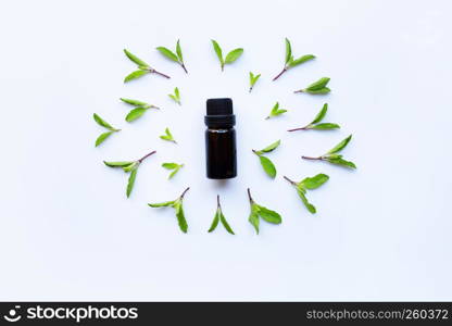 Holy basil essential oil in a glass bottle with fresh holy basil leaves