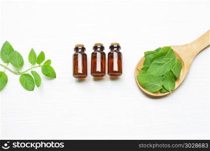 Holy Basil Essential Oil in a Glass Bottle with leaves on white background.. Holy Basil Essential Oil in a Glass Bottle with leaves.