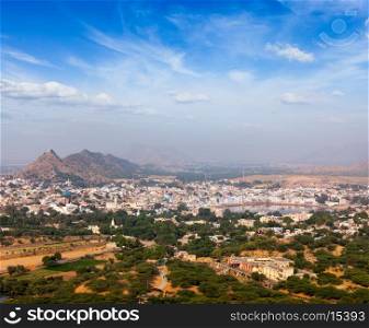 Holy city Pushkar aerial view from Savitri temple. Rajasthan, India