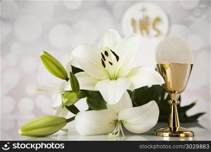 Holy communion a golden chalice with grapes and bread wafers. Eucharist, sacrament of communion background