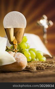 Holy Communion Bread, Wine for christianity religion. Eucharist, sacrament of communion background