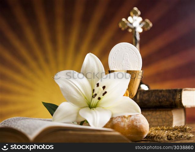 Holy Communion Bread, Wine for christianity religion. Eucharist, sacrament of communion background