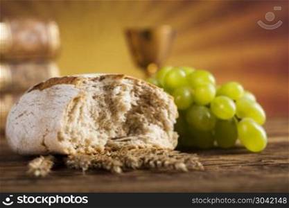 Holy Communion Bread, Wine for christianity religion. Eucharist, sacrament of communion background