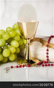 Holy communion for christianity religion, elements on white back. Holy communion a golden chalice, composition isolated on white