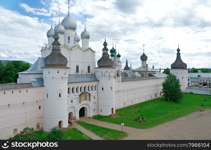 Holy Gates and the Resurrection Church. Kremlin of ancient town of Rostov Veliky.Russia