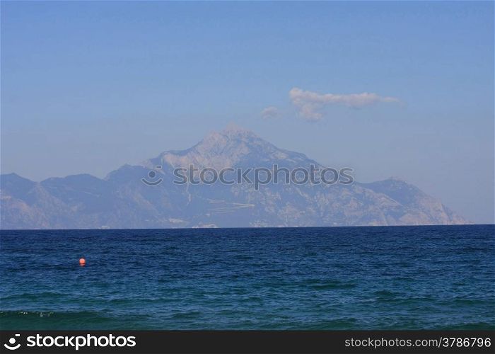 Holy Mountain Athos,view from second leg of Greek peninsula Halkidiki
