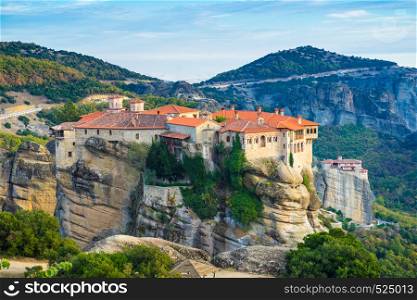 Holy Varlaam and Rousanou monastery on cliff in Meteora, Thessaly Greece. Greek destinations. Varlaam monastery in Meteora, Greece