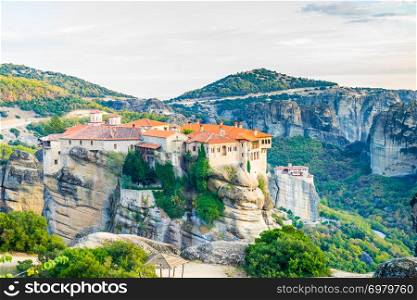 Holy Varlaam and Rousanou monastery on cliff in Meteora, Thessaly Greece. Greek destinations. Varlaam monastery in Meteora, Greece