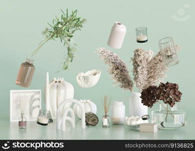 Home accessories on light green background. Home decor store, interior details sale. P&as grass, vase, candle, plants. 3d rendering. Home accessories on light green background. Home decor store, interior details sale. P&as grass, vase, candle, plants. 3d rendering.