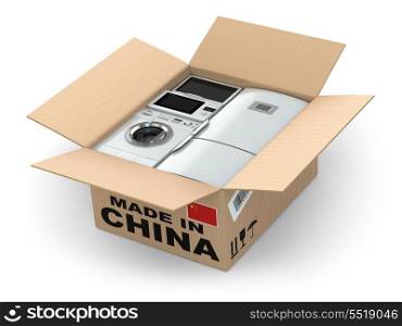 Home appliance in box. Made in China. 3d
