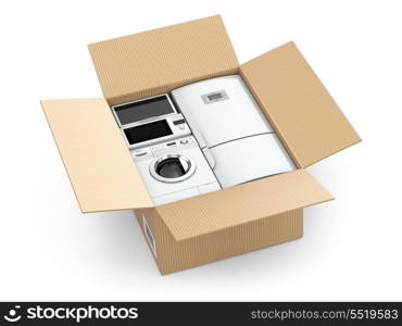 Home appliance in box on wnite isolated background