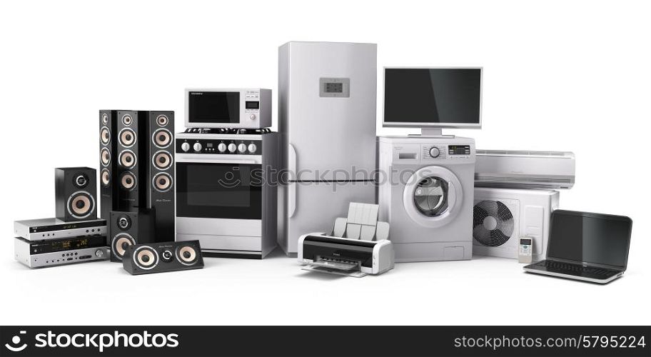 Home appliances. Gas cooker, tv cinema, refrigerator air conditioner microwave, laptop and washing machine. 3d