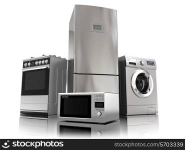 Home appliances. Set of household kitchen technics isolated on white. Fridge, gas cooker, microwave oven and washing machine. 3d