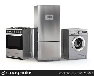 Home appliances. Set of household kitchen technics isolated on white. Refrigerator, gas cooker and washing machine. 3d