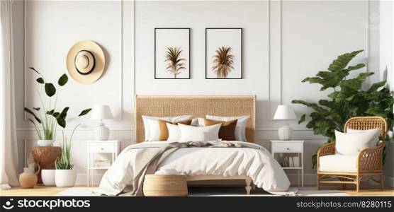Home bedroom interior decorated with natural material. distinct generative AI image.. Home bedroom interior decorated with natural material